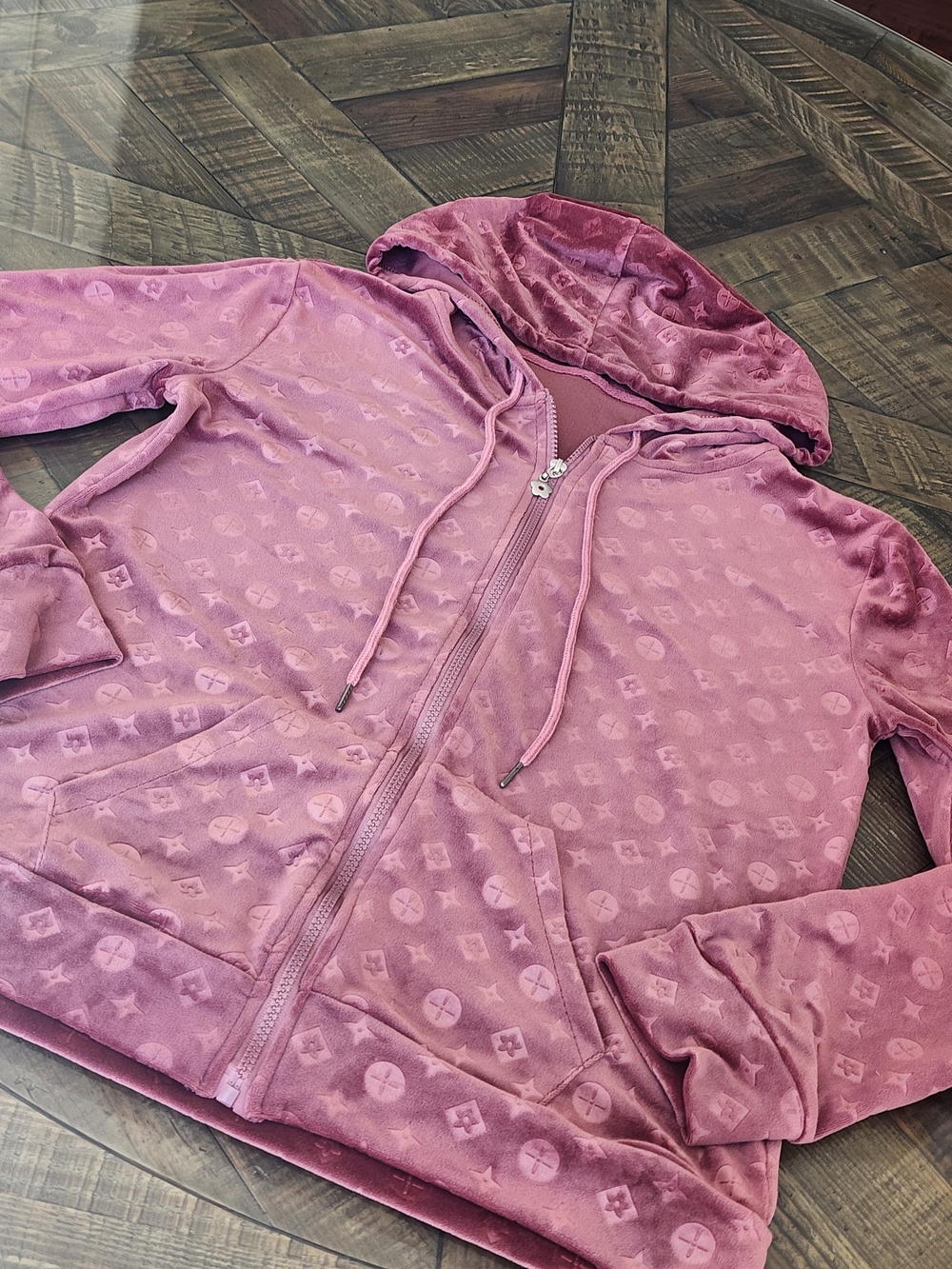 Pink Velour Zip-Up Hoodie with Monogram Texture